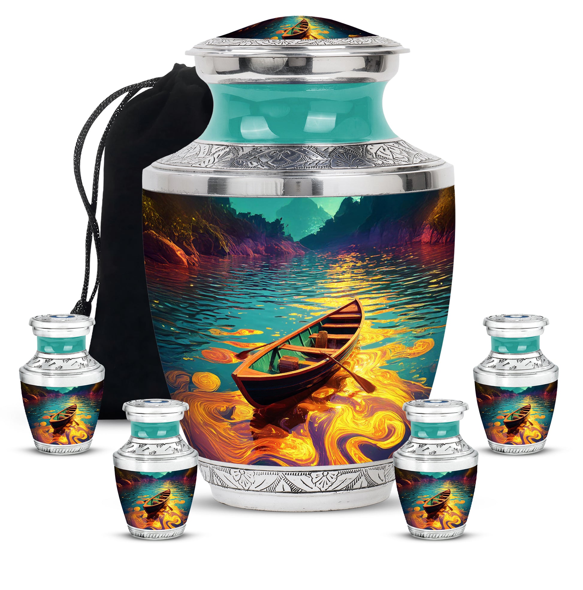 Tropical Teal Boat Cremation Urn lifestyle display on memorial shelf - artistic boat interpretation with creative detail - memorial set with one large and four small urns