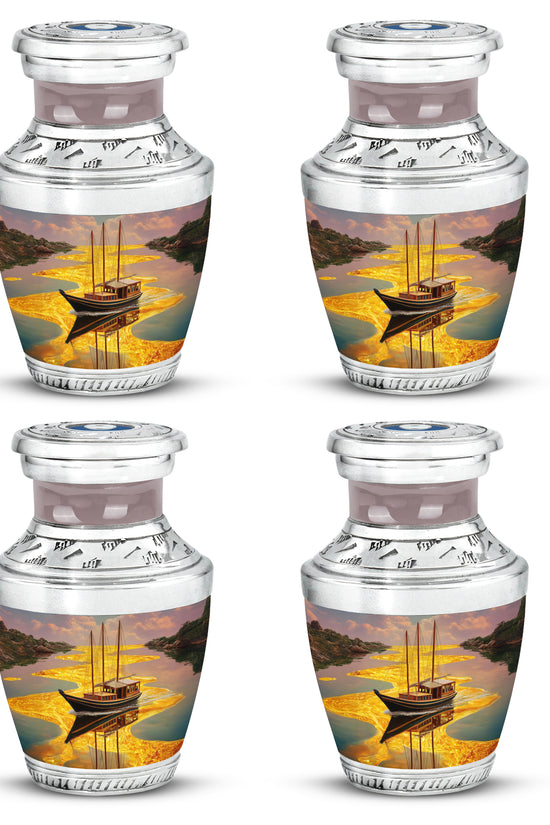 Champagne Gold Boat Cremation Urn back view with polished surface - contemporary boat design with modern artistic flair - 10 inch aluminum urn for cremated remains