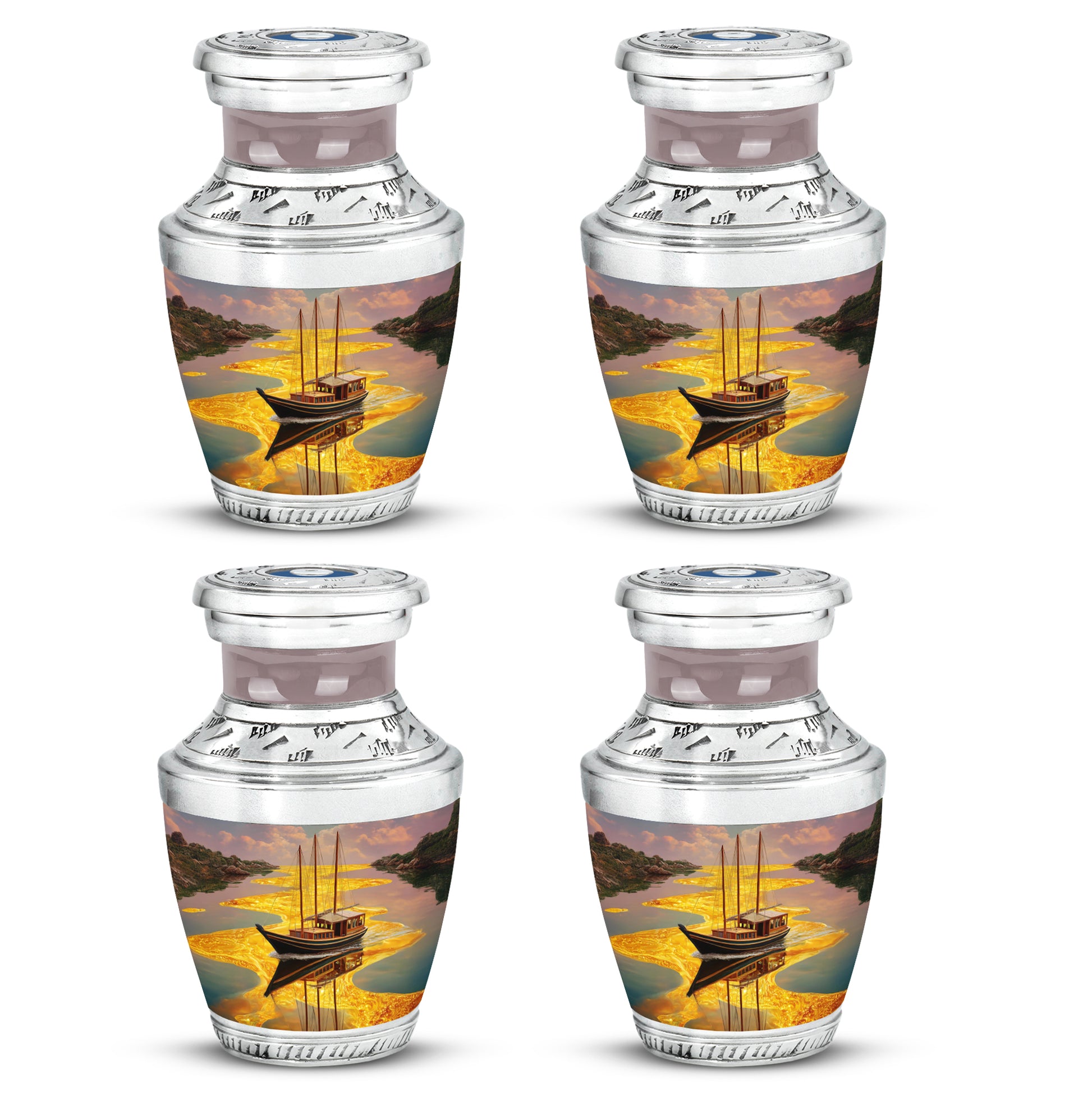 Champagne Gold Boat Cremation Urn back view with polished surface - contemporary boat design with modern artistic flair - 10 inch aluminum urn for cremated remains