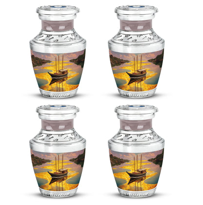 Champagne Gold Boat Cremation Urn back view with polished surface - contemporary boat design with modern artistic flair - 10 inch aluminum urn for cremated remains
