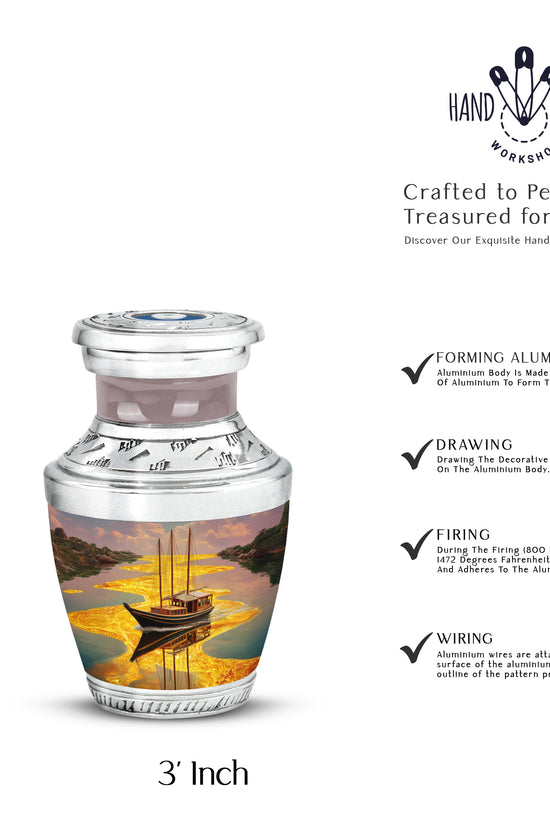 Gilded Gold Boat Cremation Urn top-down view of secure threaded lid - contemporary boat design with modern artistic flair - mini keepsake memorial for portion of cremation ashes