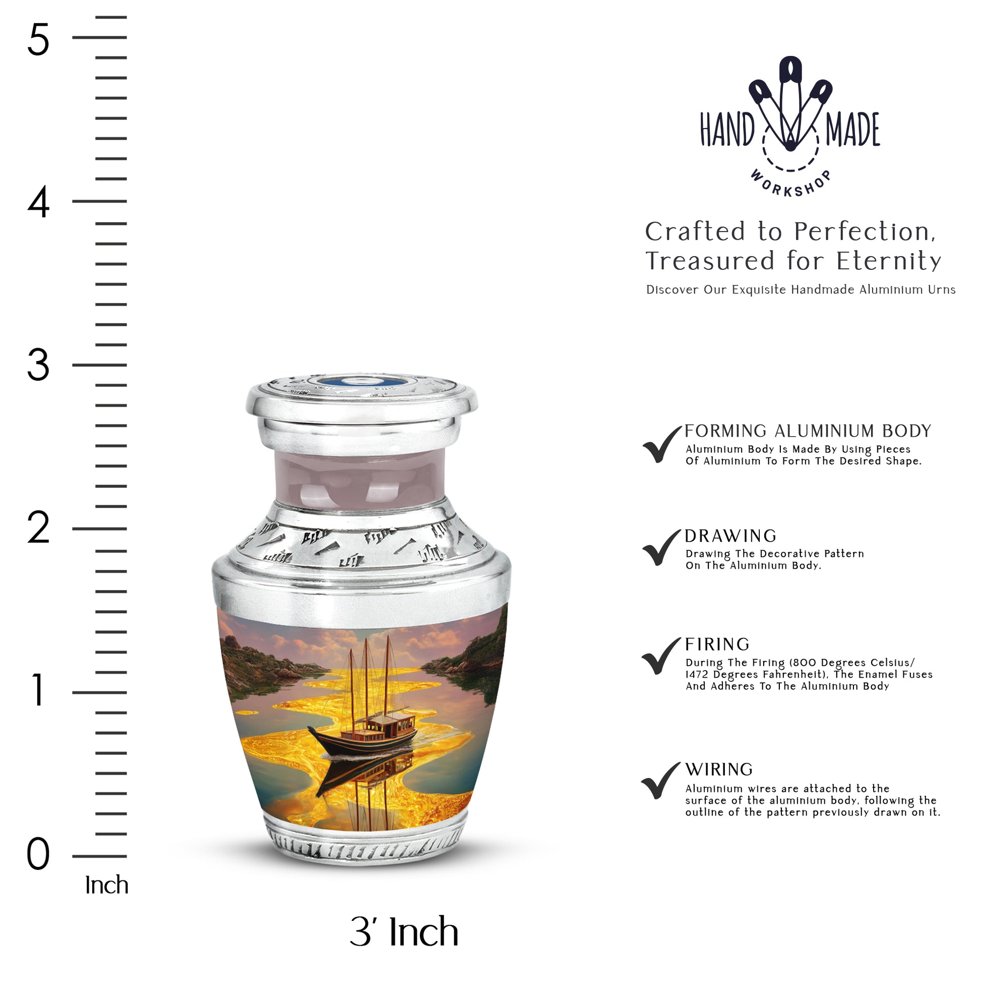 Gilded Gold Boat Cremation Urn top-down view of secure threaded lid - contemporary boat design with modern artistic flair - mini keepsake memorial for portion of cremation ashes