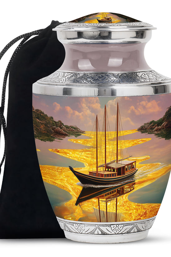 Amber Gold Boat Cremation Urn side profile showing urn shape - modern art-inspired boat motif on sleek aluminum - full-size 10 inch 200 cubic inch adult cremation urn