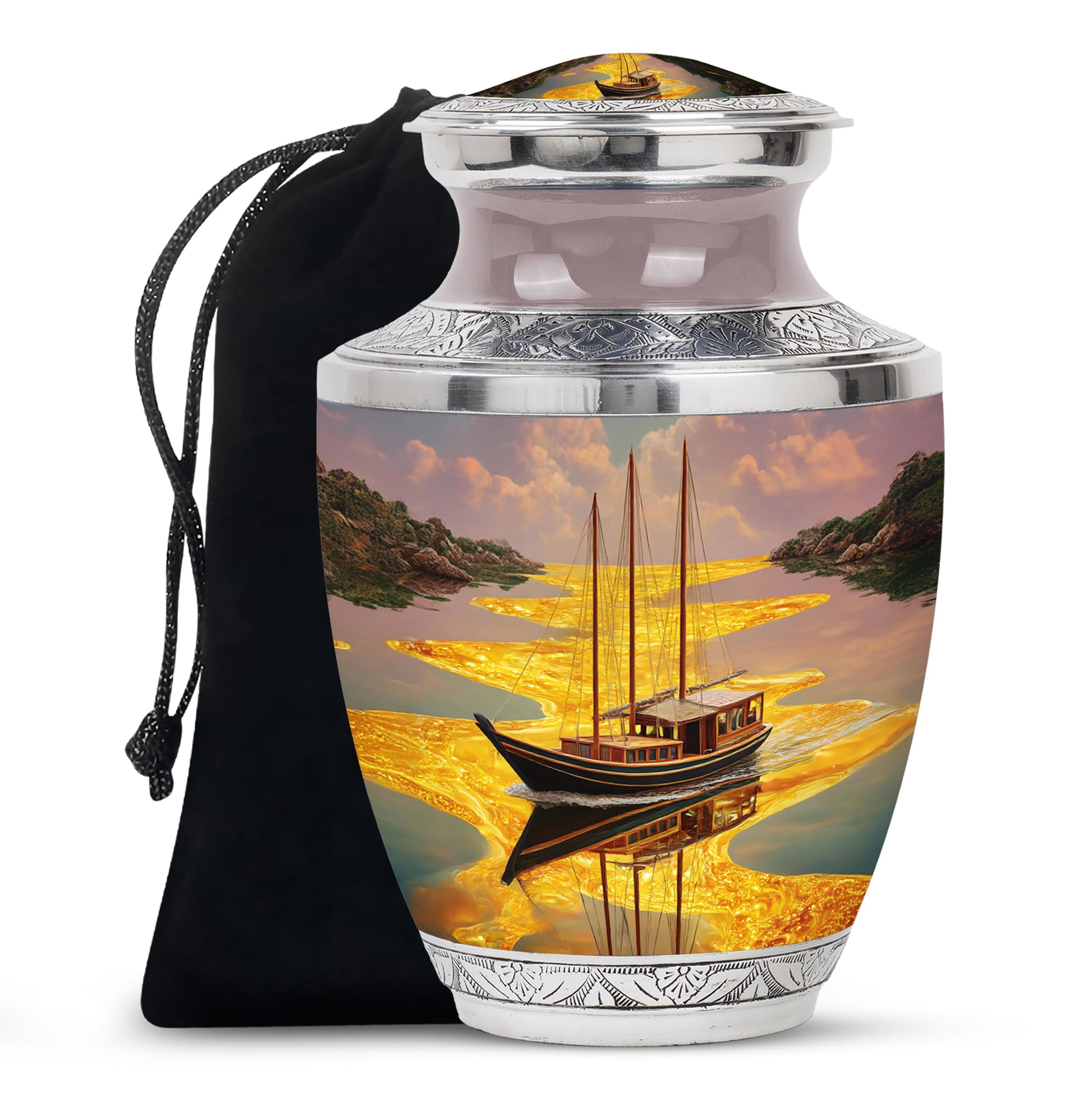 Amber Gold Boat Cremation Urn side profile showing urn shape - modern art-inspired boat motif on sleek aluminum - full-size 10 inch 200 cubic inch adult cremation urn