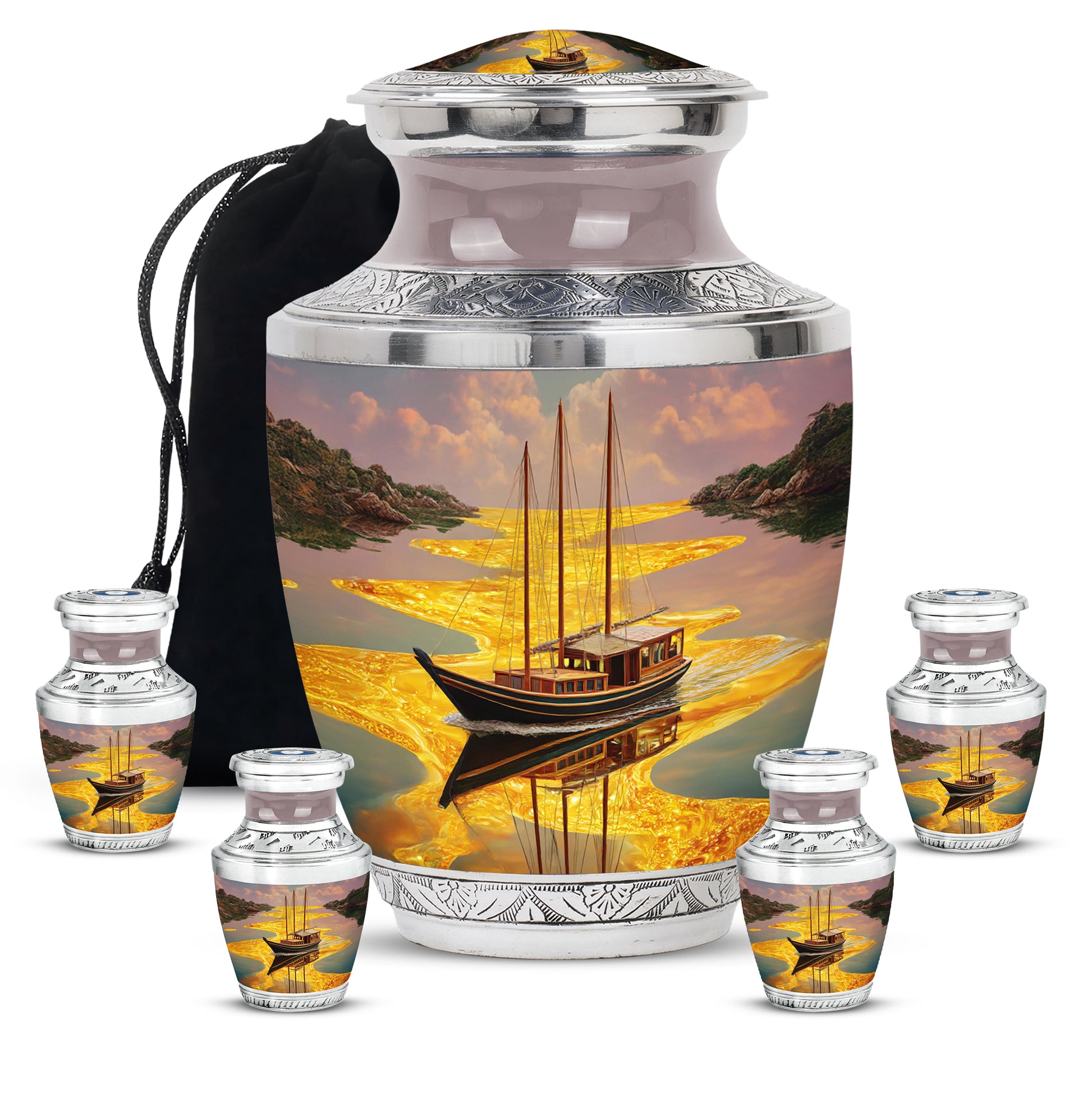 Burnished Gold Boat Cremation Urn lifestyle display on memorial shelf - stylized abstract boat pattern with bold lines - memorial set with one large and four small urns