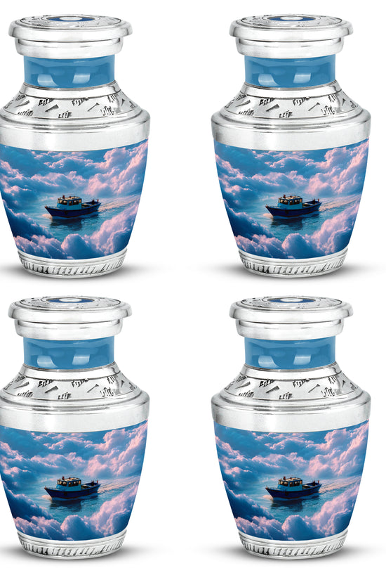 Steel Blue Boat Cremation Urn back view with polished surface - stylized abstract boat pattern with bold lines - 10 inch aluminum urn for cremated remains