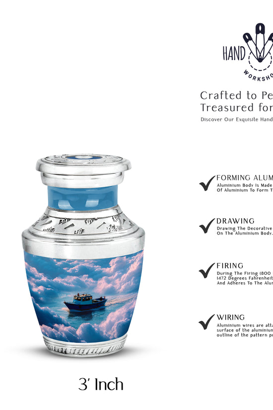 Steel Blue Boat Cremation Urn top-down view of secure threaded lid - stylized abstract boat pattern with bold lines - mini keepsake memorial for portion of cremation ashes