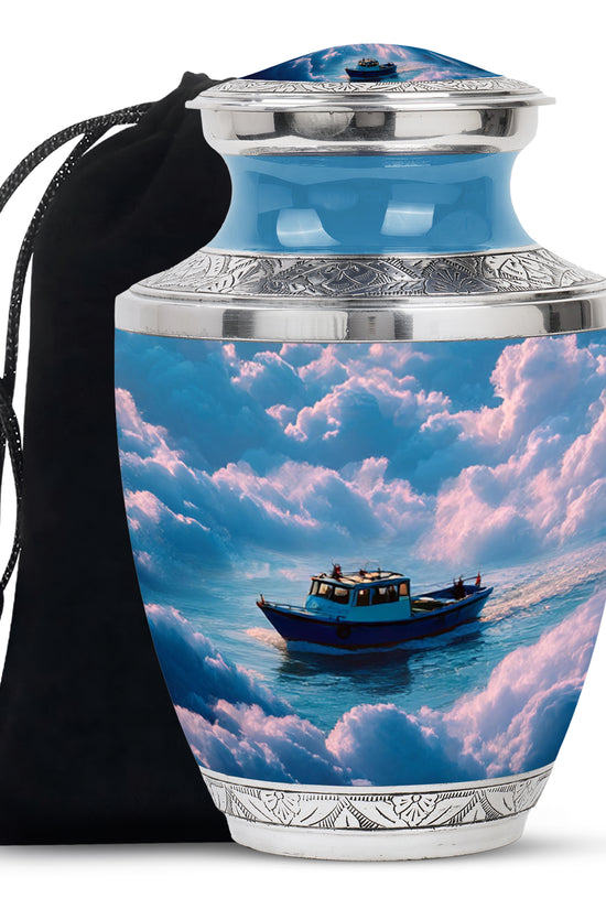 Navy Blue Boat Cremation Urn side profile showing urn shape - contemporary boat design with modern artistic flair - full-size 10 inch 200 cubic inch adult cremation urn