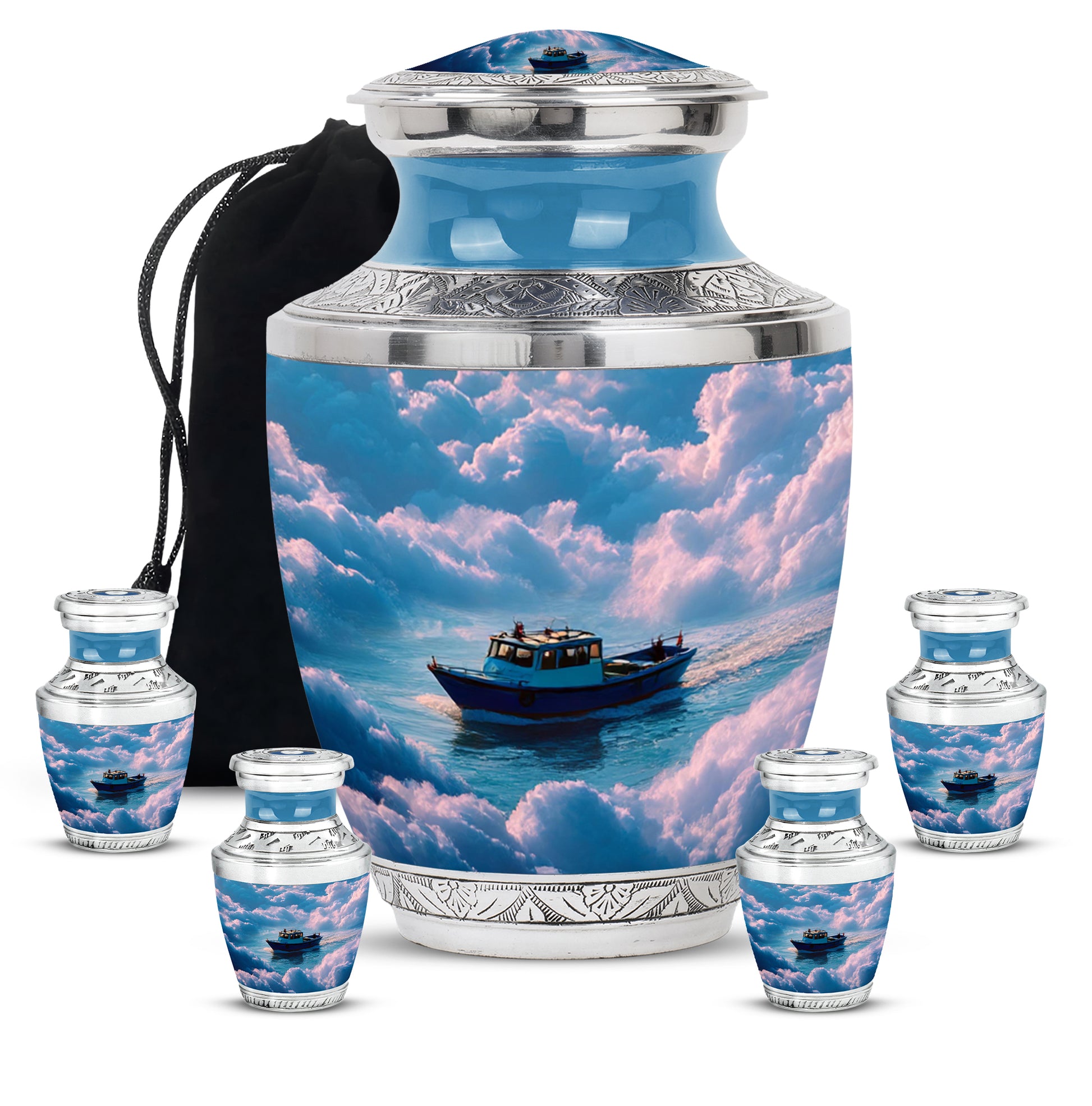 Sapphire Blue Boat Cremation Urn lifestyle display on memorial shelf - stylized abstract boat pattern with bold lines - memorial set with one large and four small urns