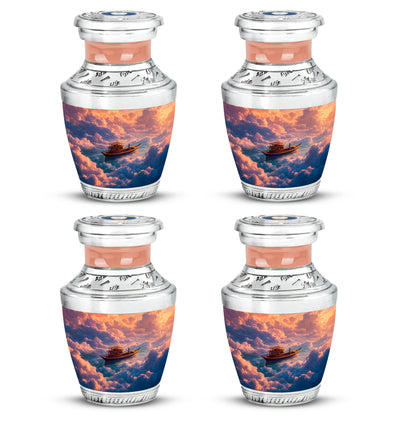 Crimson Red Boat Cremation Urn back view with polished surface - contemporary boat design with modern artistic flair - 10 inch aluminum urn for cremated remains