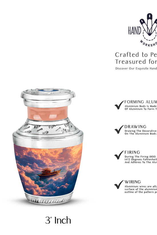 Deep Red Boat Cremation Urn top-down view of secure threaded lid - contemporary boat design with modern artistic flair - mini keepsake memorial for portion of cremation ashes