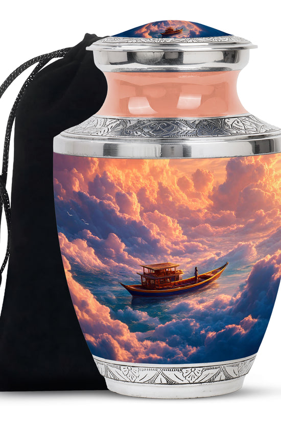 Scarlet Red Boat Cremation Urn side profile showing urn shape - stylized abstract boat pattern with bold lines - full-size 10 inch 200 cubic inch adult cremation urn