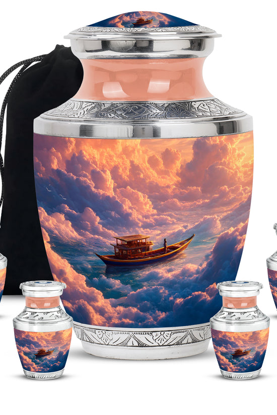 Scarlet Red Boat Cremation Urn lifestyle display on memorial shelf - artistic boat interpretation with creative detail - memorial set with one large and four small urns