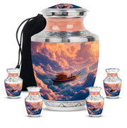 Scarlet Red Boat Cremation Urn lifestyle display on memorial shelf - artistic boat interpretation with creative detail - memorial set with one large and four small urns