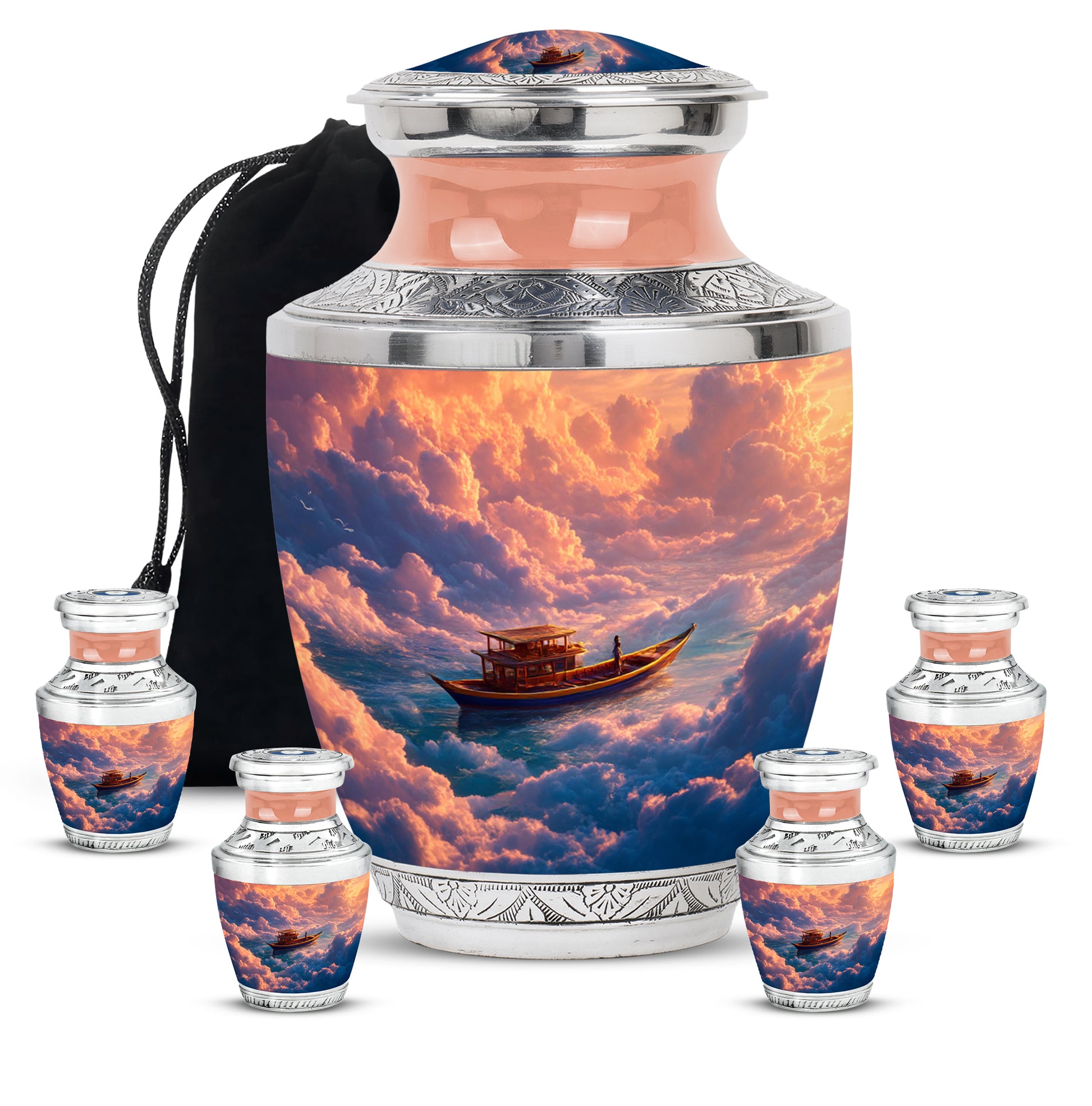 Scarlet Red Boat Cremation Urn lifestyle display on memorial shelf - artistic boat interpretation with creative detail - memorial set with one large and four small urns