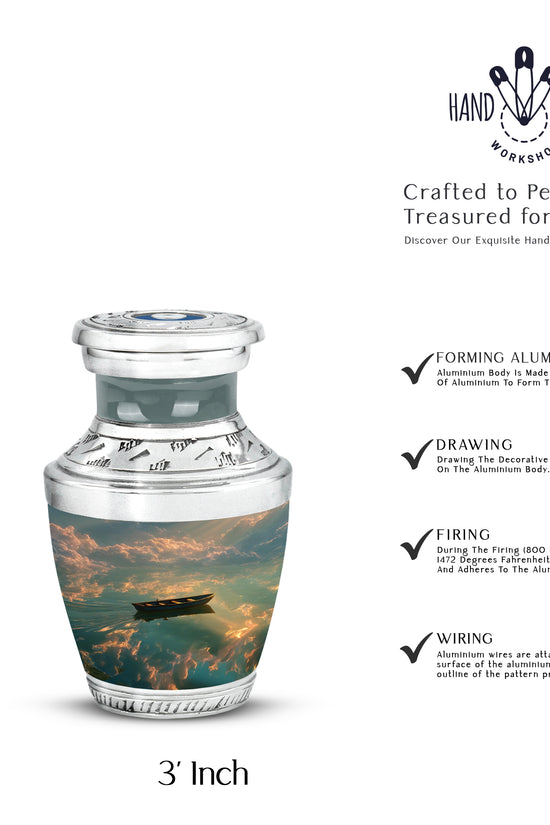 Dark Black Boat Cremation Urn top-down view of secure threaded lid - stylized abstract boat pattern with bold lines - mini keepsake memorial for portion of cremation ashes