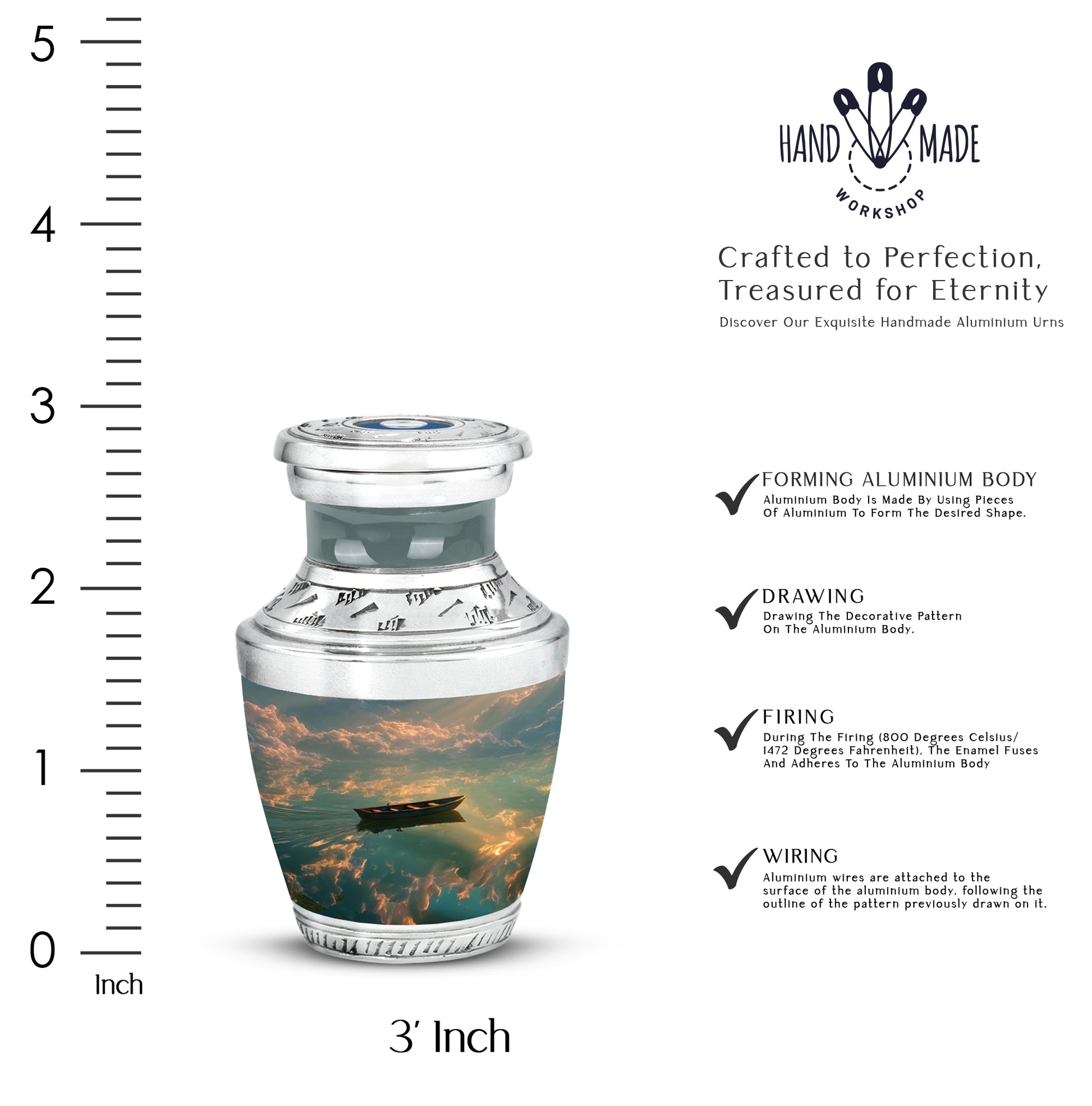 Dark Black Boat Cremation Urn top-down view of secure threaded lid - stylized abstract boat pattern with bold lines - mini keepsake memorial for portion of cremation ashes