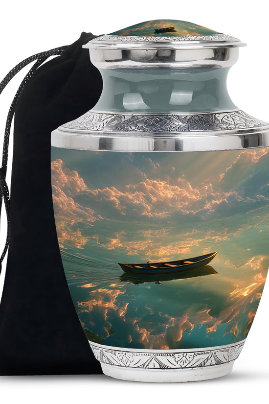 Charcoal Black Boat Cremation Urn side profile showing urn shape - artistic boat interpretation with creative detail - full-size 10 inch 200 cubic inch adult cremation urn