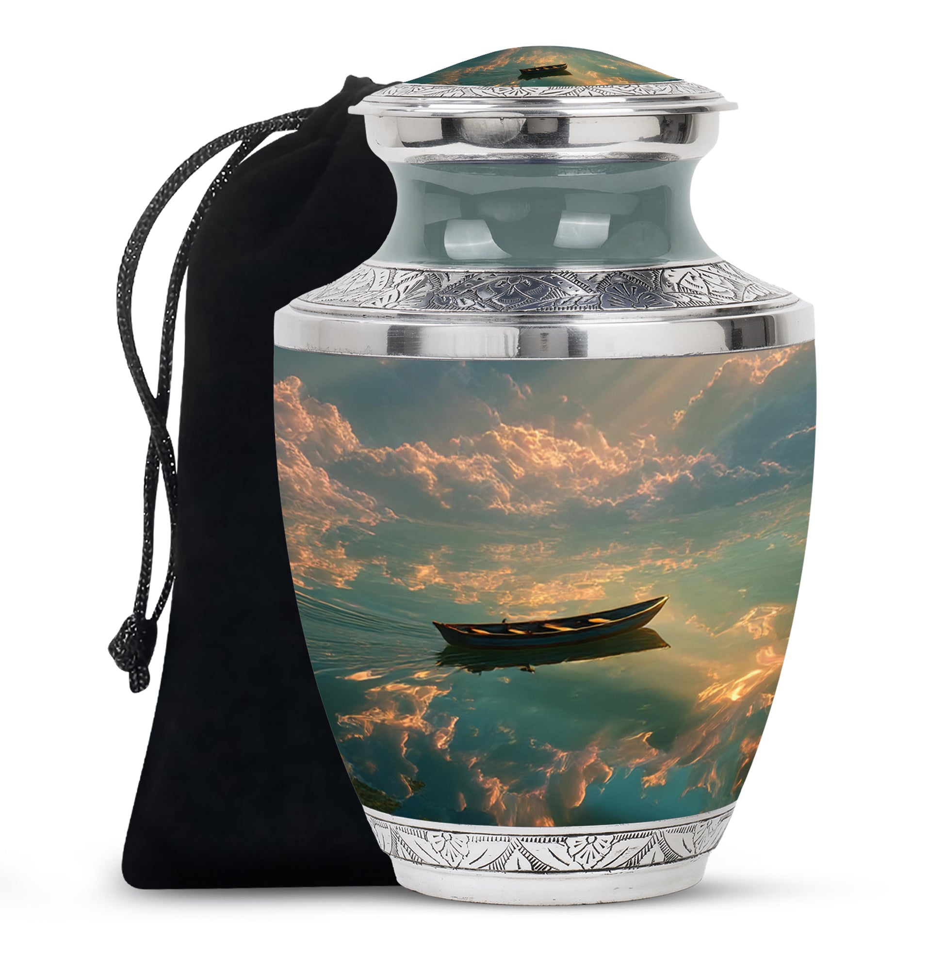Charcoal Black Boat Cremation Urn side profile showing urn shape - artistic boat interpretation with creative detail - full-size 10 inch 200 cubic inch adult cremation urn