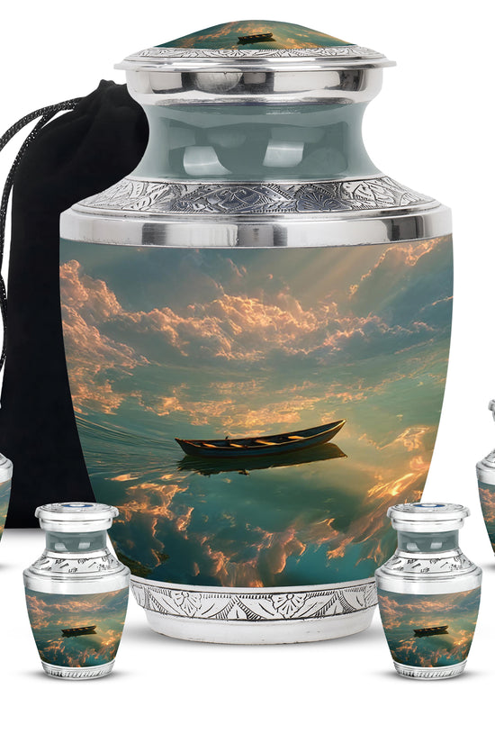 Rich Black Boat Cremation Urn lifestyle display on memorial shelf - contemporary boat design with modern artistic flair - memorial set with one large and four small urns