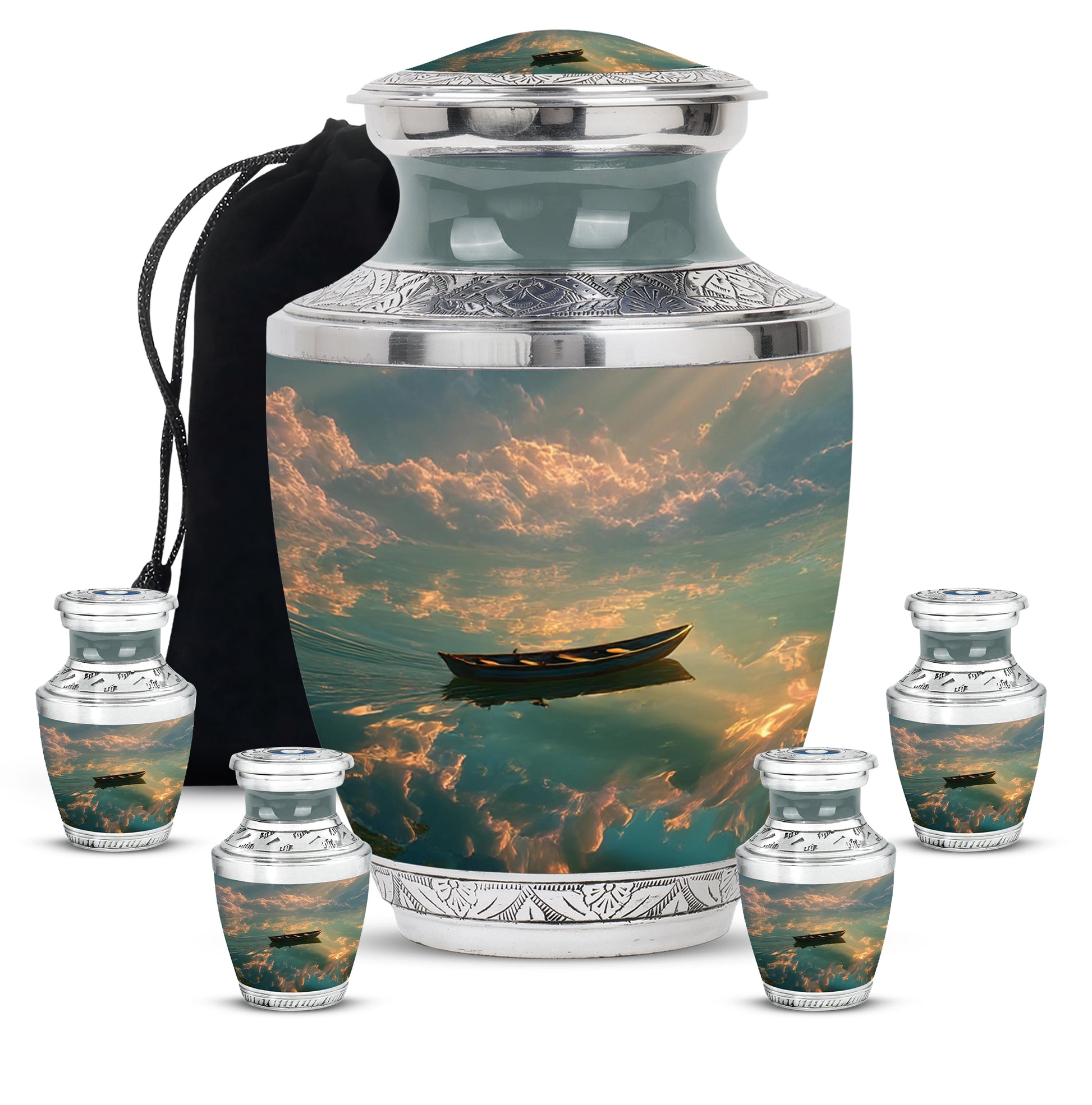 Rich Black Boat Cremation Urn lifestyle display on memorial shelf - contemporary boat design with modern artistic flair - memorial set with one large and four small urns