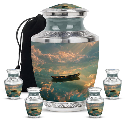 Rich Black Boat Cremation Urn lifestyle display on memorial shelf - contemporary boat design with modern artistic flair - memorial set with one large and four small urns