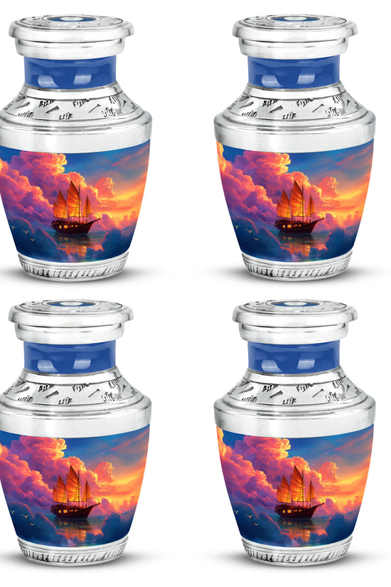 Cornflower Blue Boat Cremation Urn back view with polished surface - stylized abstract boat pattern with bold lines - 10 inch aluminum urn for cremated remains