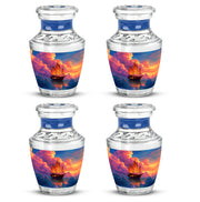 Cornflower Blue Boat Cremation Urn back view with polished surface - stylized abstract boat pattern with bold lines - 10 inch aluminum urn for cremated remains