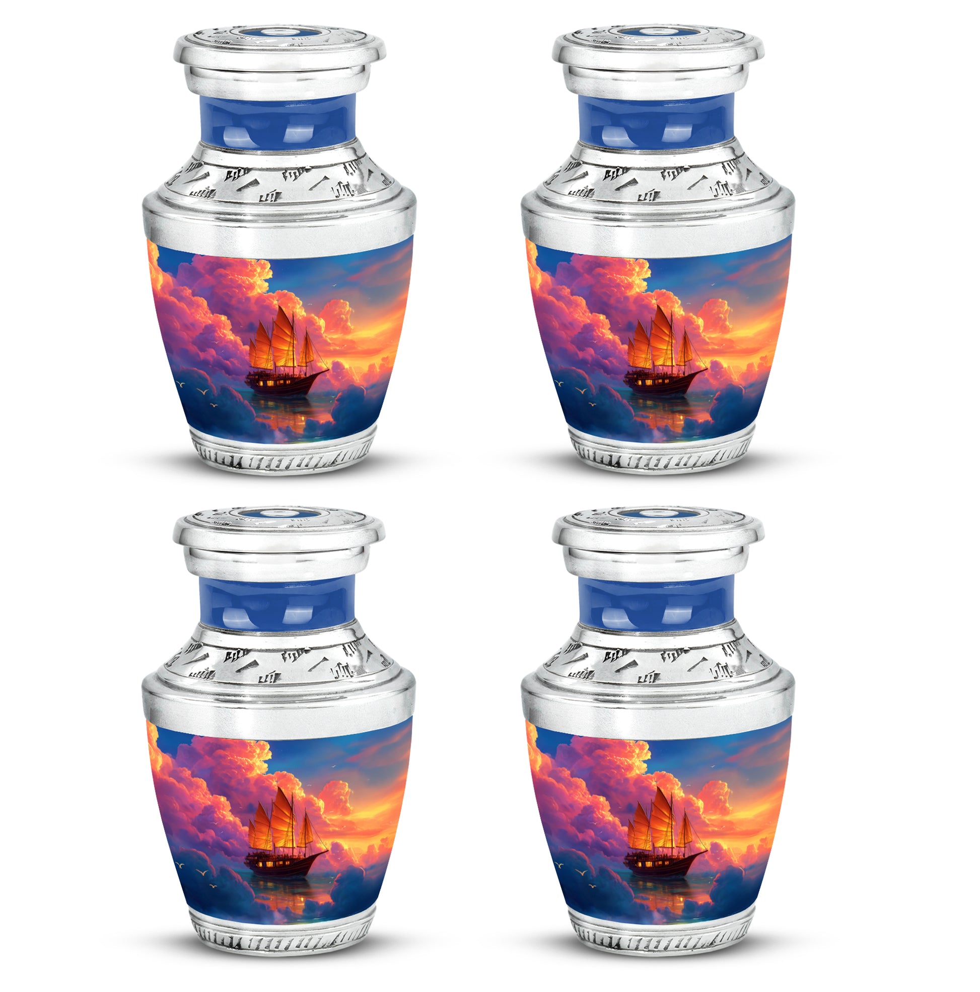 Cornflower Blue Boat Cremation Urn back view with polished surface - stylized abstract boat pattern with bold lines - 10 inch aluminum urn for cremated remains
