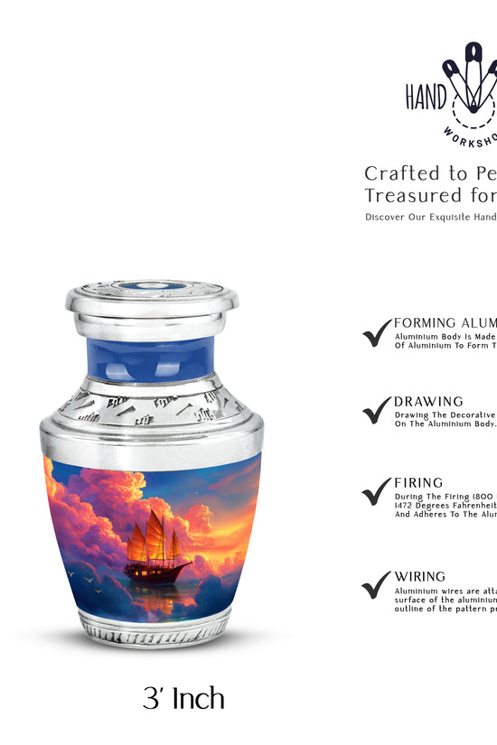 Soft Blue Boat Cremation Urn top-down view of secure threaded lid - artistic boat interpretation with creative detail - mini keepsake memorial for portion of cremation ashes
