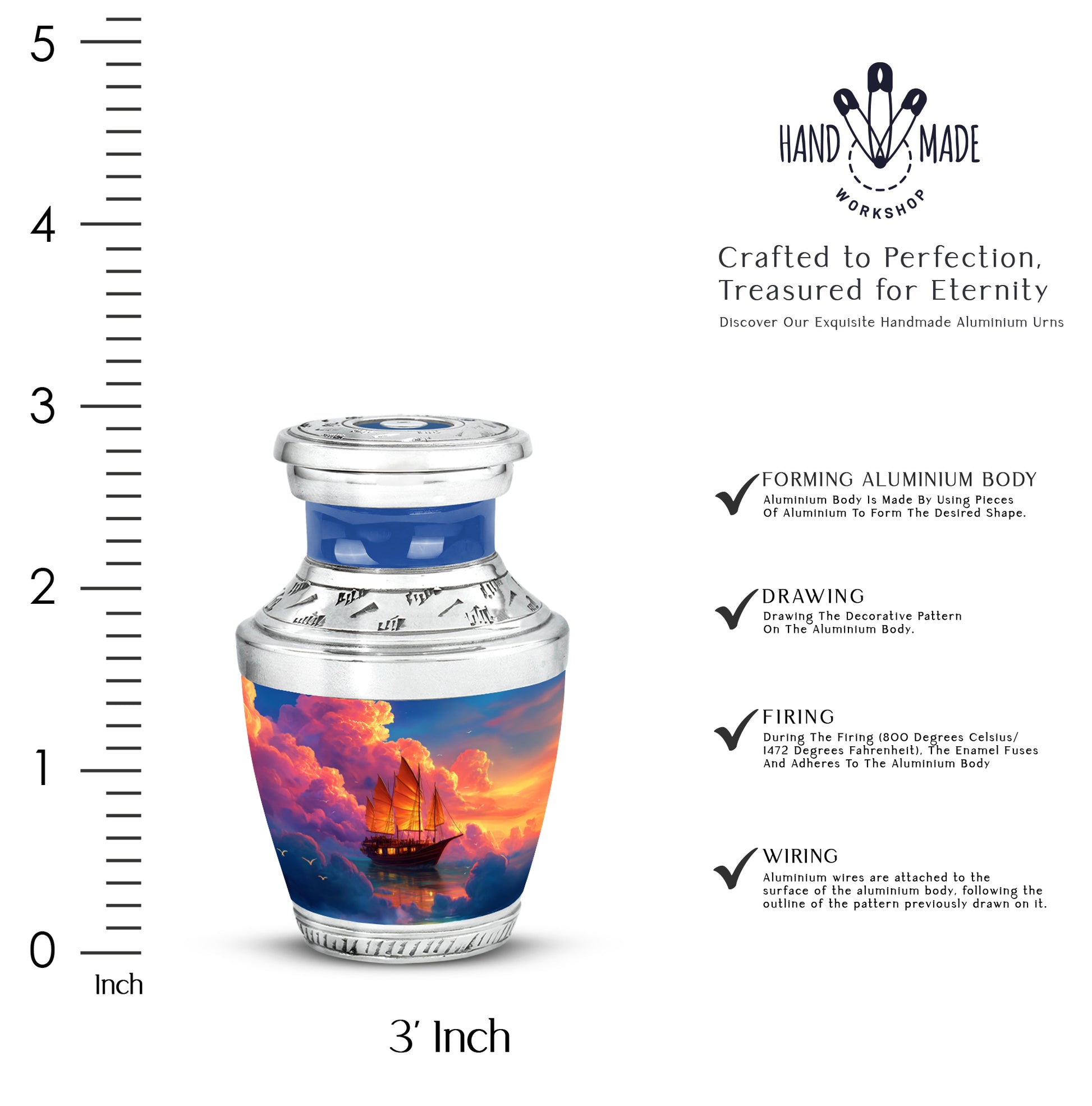 Soft Blue Boat Cremation Urn top-down view of secure threaded lid - artistic boat interpretation with creative detail - mini keepsake memorial for portion of cremation ashes
