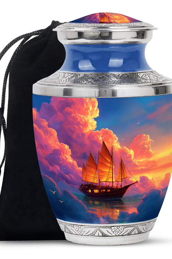 Sapphire Blue Boat Cremation Urn side profile showing urn shape - stylized abstract boat pattern with bold lines - full-size 10 inch 200 cubic inch adult cremation urn