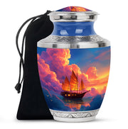 Sapphire Blue Boat Cremation Urn side profile showing urn shape - stylized abstract boat pattern with bold lines - full-size 10 inch 200 cubic inch adult cremation urn