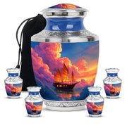 Royal Blue Boat Cremation Urn lifestyle display on memorial shelf - stylized abstract boat pattern with bold lines - memorial set with one large and four small urns