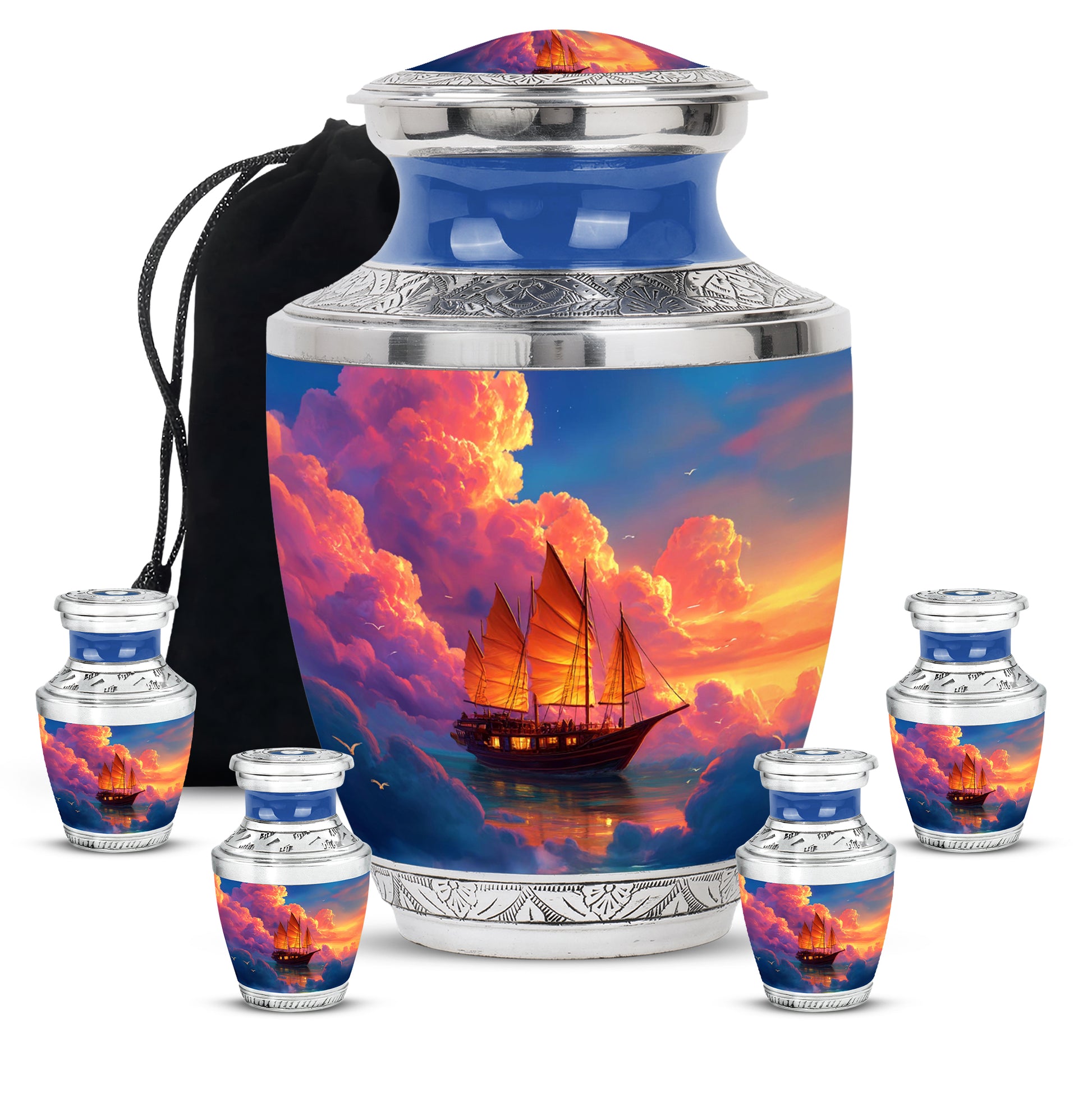 Royal Blue Boat Cremation Urn lifestyle display on memorial shelf - stylized abstract boat pattern with bold lines - memorial set with one large and four small urns
