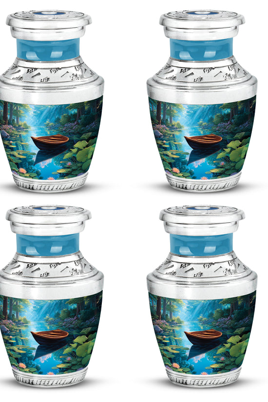 Twilight Blue Boat Cremation Urn back view with polished surface - artistic boat interpretation with creative detail - 10 inch aluminum urn for cremated remains