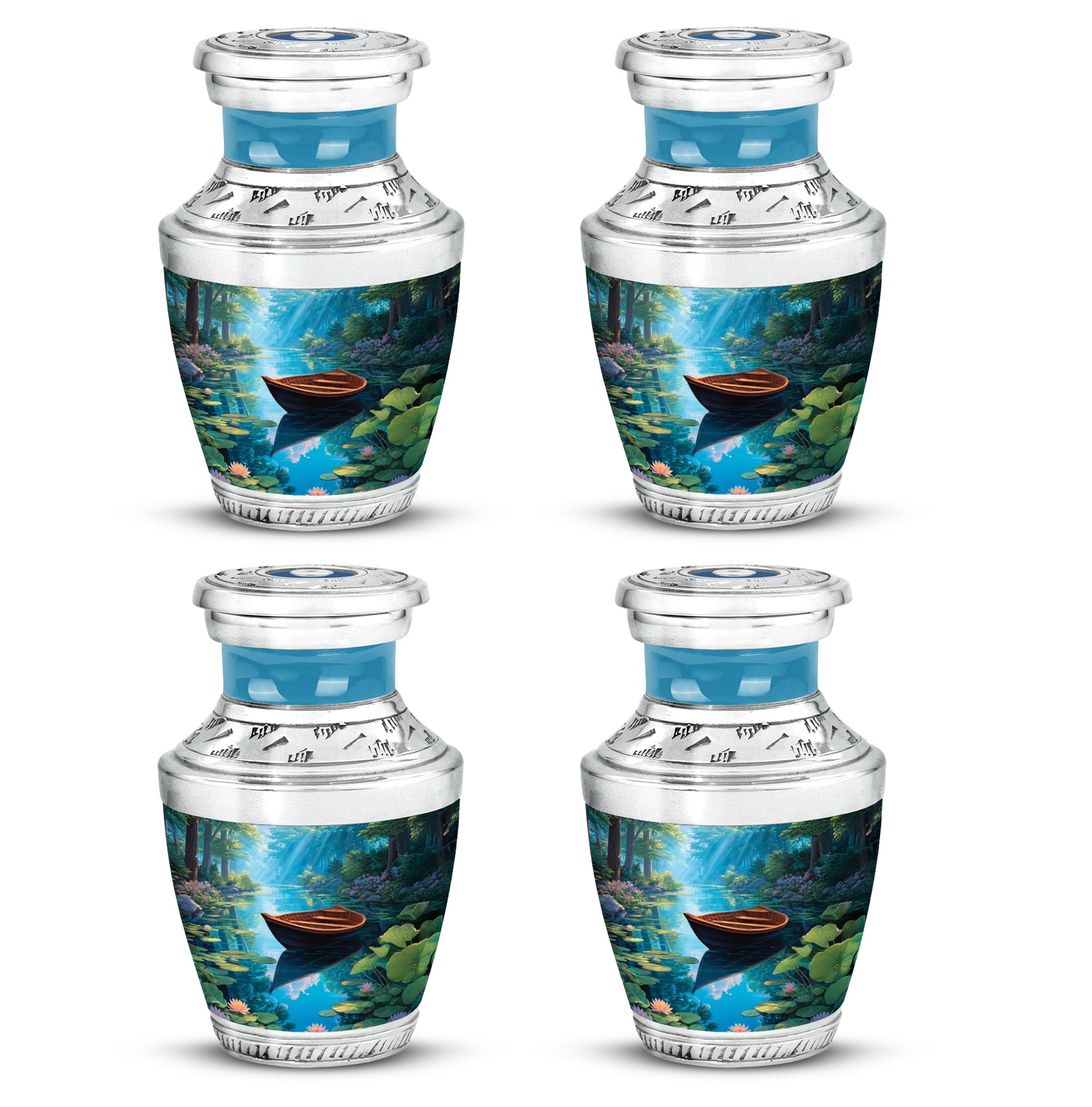 Twilight Blue Boat Cremation Urn back view with polished surface - artistic boat interpretation with creative detail - 10 inch aluminum urn for cremated remains