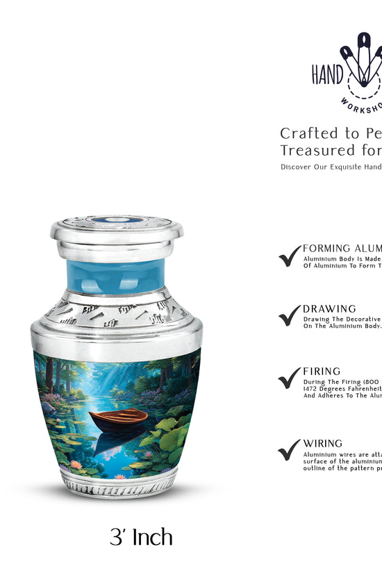 Cobalt Blue Boat Cremation Urn top-down view of secure threaded lid - stylized abstract boat pattern with bold lines - mini keepsake memorial for portion of cremation ashes