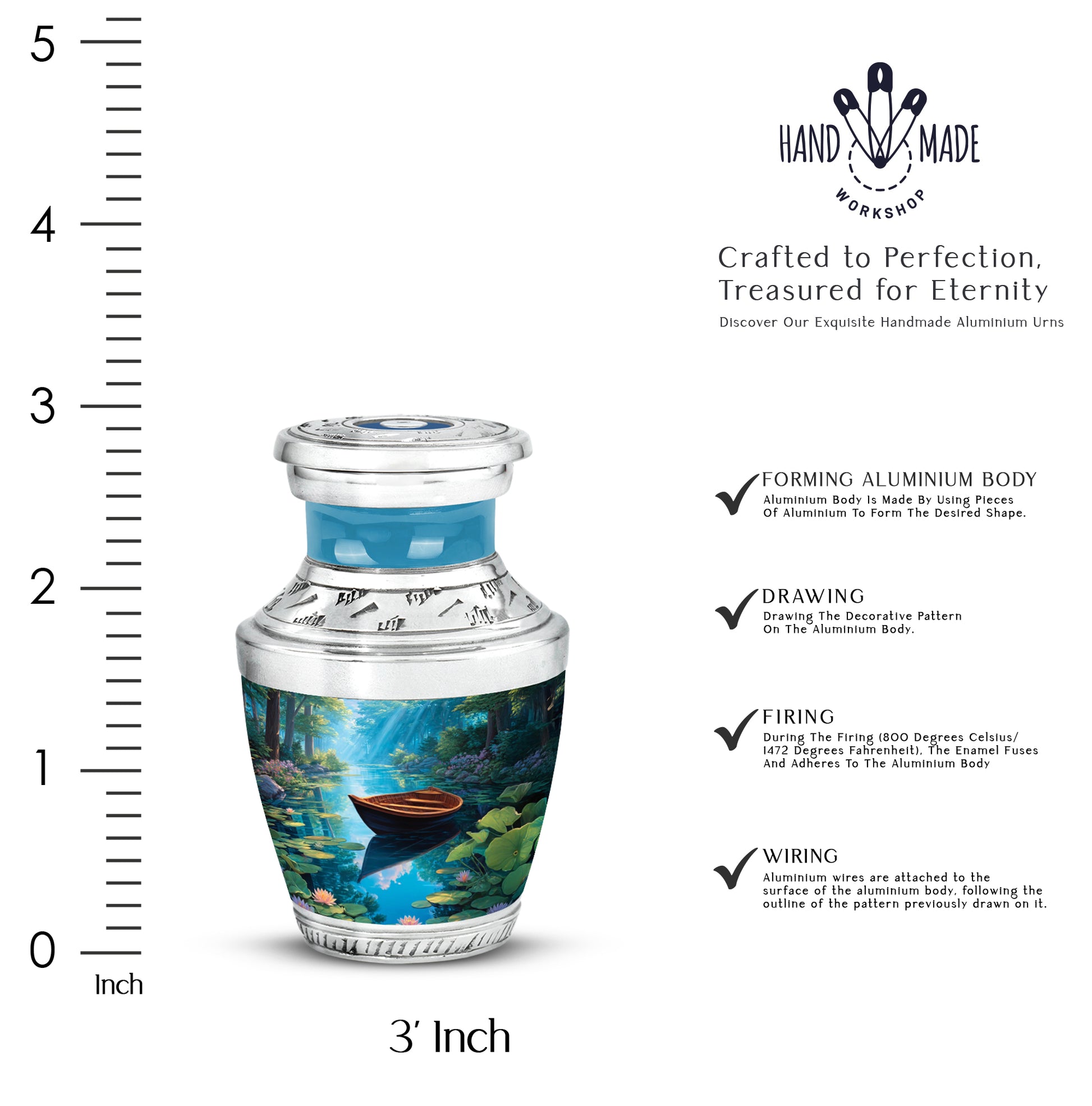 Cobalt Blue Boat Cremation Urn top-down view of secure threaded lid - stylized abstract boat pattern with bold lines - mini keepsake memorial for portion of cremation ashes