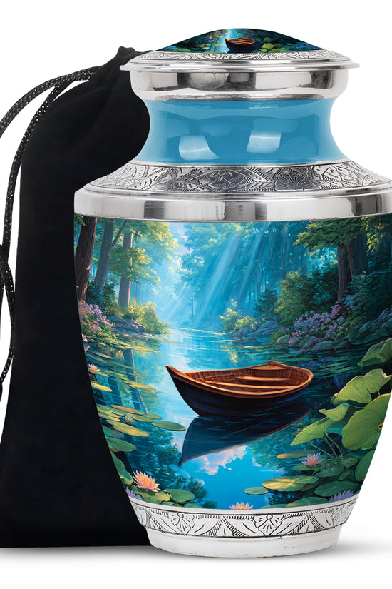 Bright Blue Boat Cremation Urn side profile showing urn shape - artistic boat interpretation with creative detail - full-size 10 inch 200 cubic inch adult cremation urn