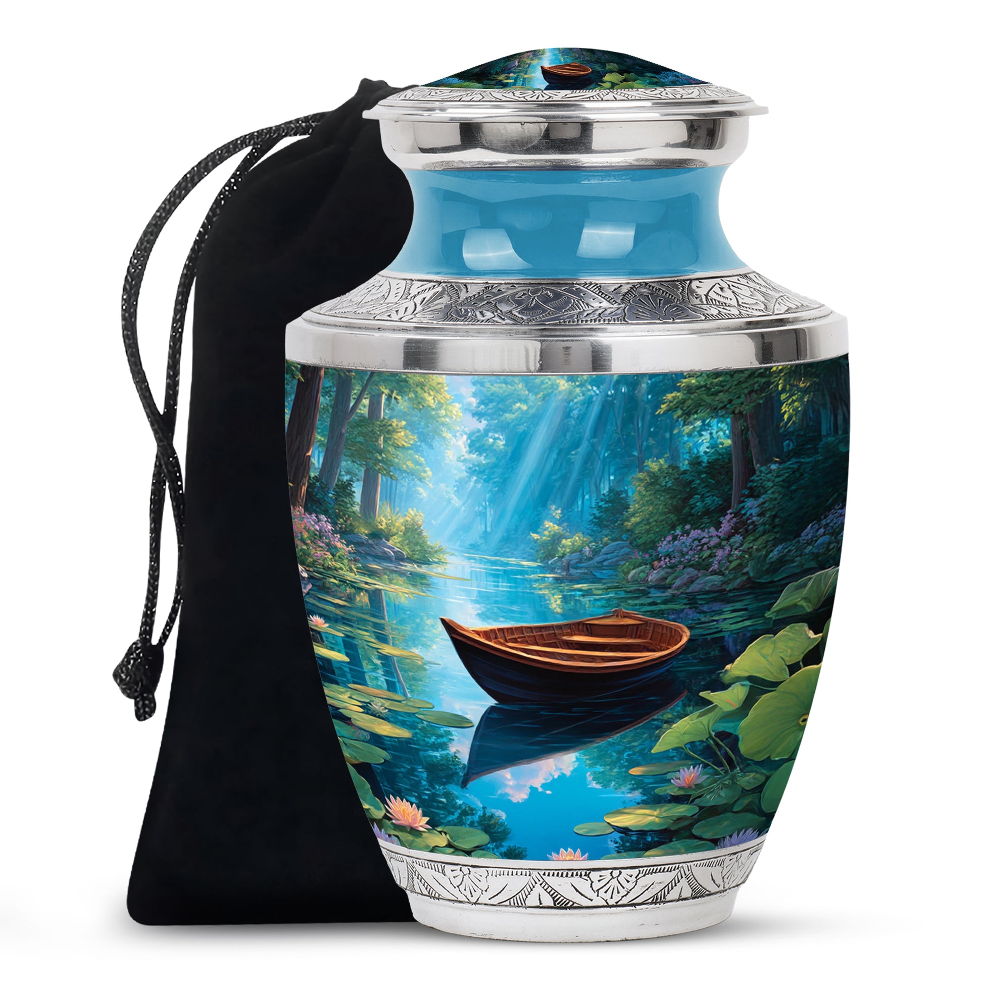Bright Blue Boat Cremation Urn side profile showing urn shape - artistic boat interpretation with creative detail - full-size 10 inch 200 cubic inch adult cremation urn