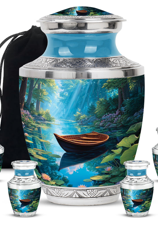 Cobalt Blue Boat Cremation Urn lifestyle display on memorial shelf - artistic boat interpretation with creative detail - memorial set with one large and four small urns