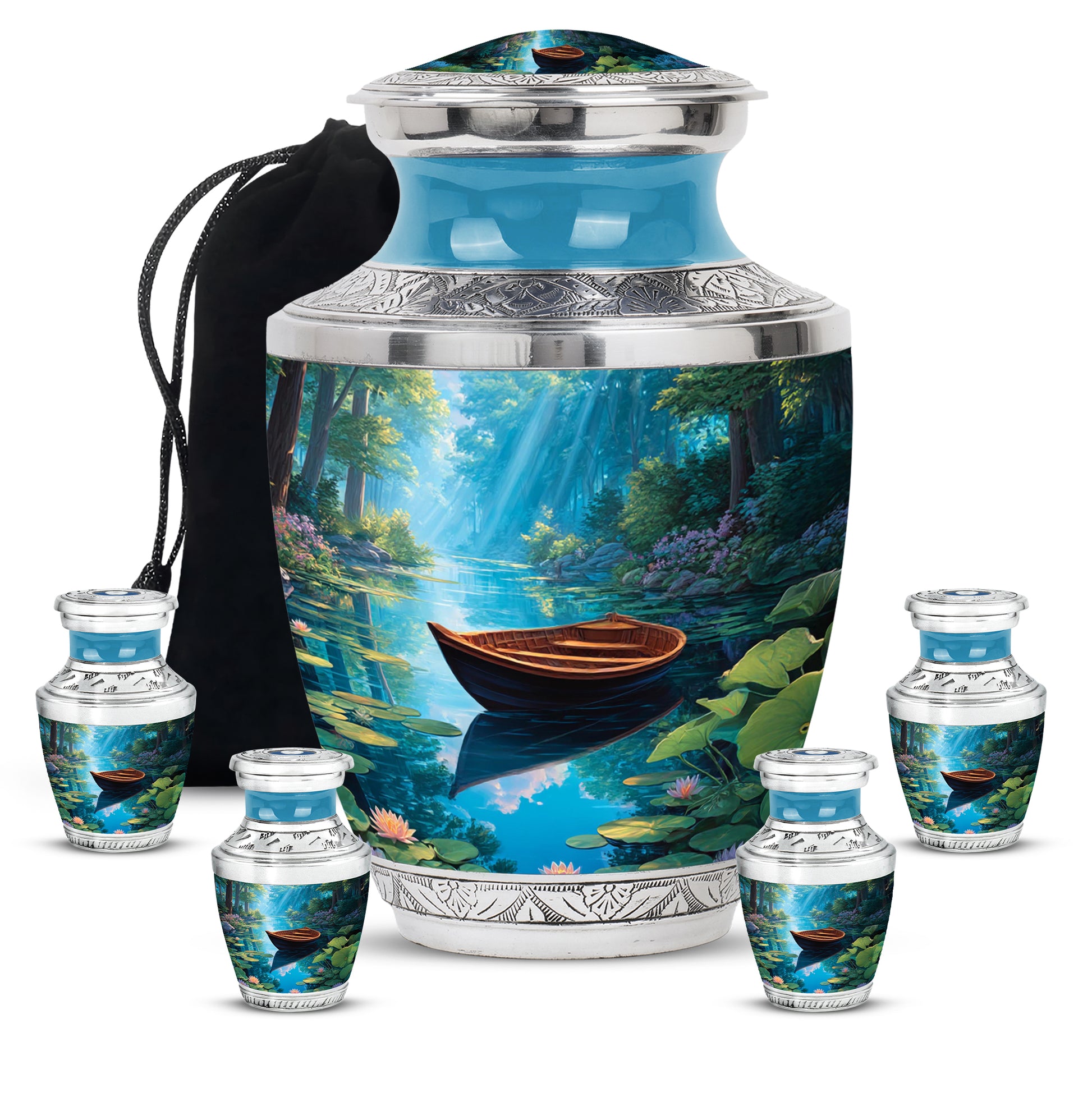 Cobalt Blue Boat Cremation Urn lifestyle display on memorial shelf - artistic boat interpretation with creative detail - memorial set with one large and four small urns