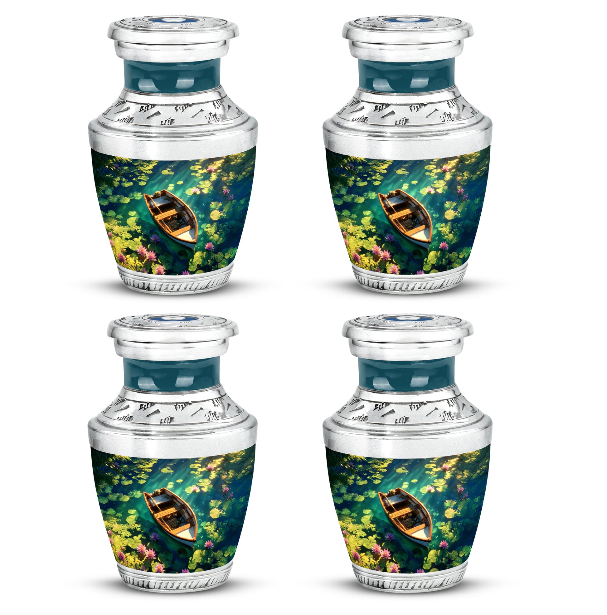 Steel Blue Boat Cremation Urn back view with polished surface - stylized abstract boat pattern with bold lines - 10 inch aluminum urn for cremated remains