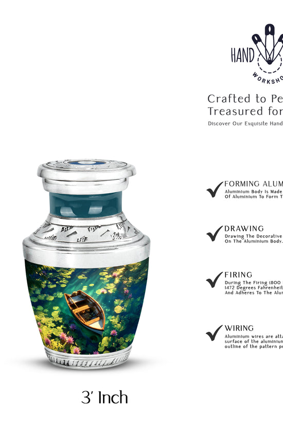 Bright Blue Boat Cremation Urn top-down view of secure threaded lid - stylized abstract boat pattern with bold lines - mini keepsake memorial for portion of cremation ashes