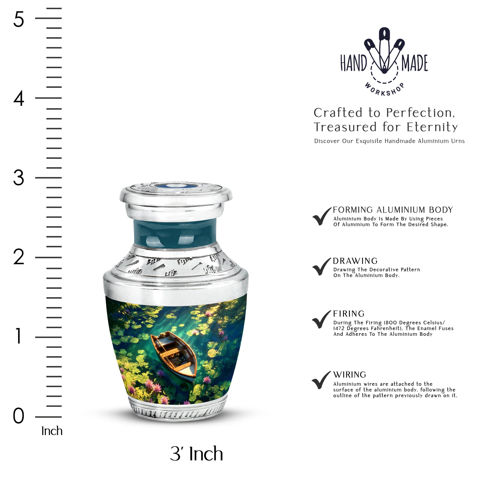 Bright Blue Boat Cremation Urn top-down view of secure threaded lid - stylized abstract boat pattern with bold lines - mini keepsake memorial for portion of cremation ashes