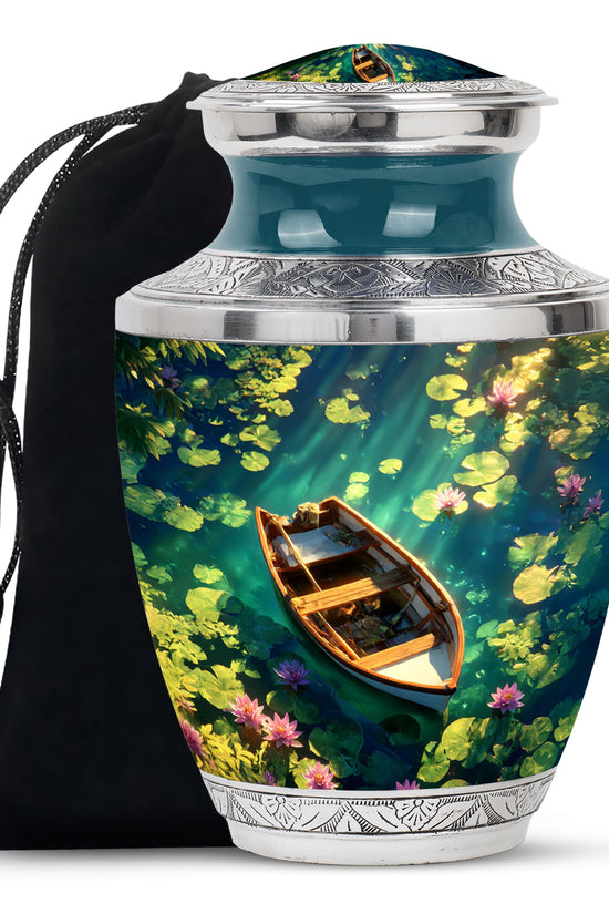 Serene Blue Boat Cremation Urn side profile showing urn shape - artistic boat interpretation with creative detail - full-size 10 inch 200 cubic inch adult cremation urn