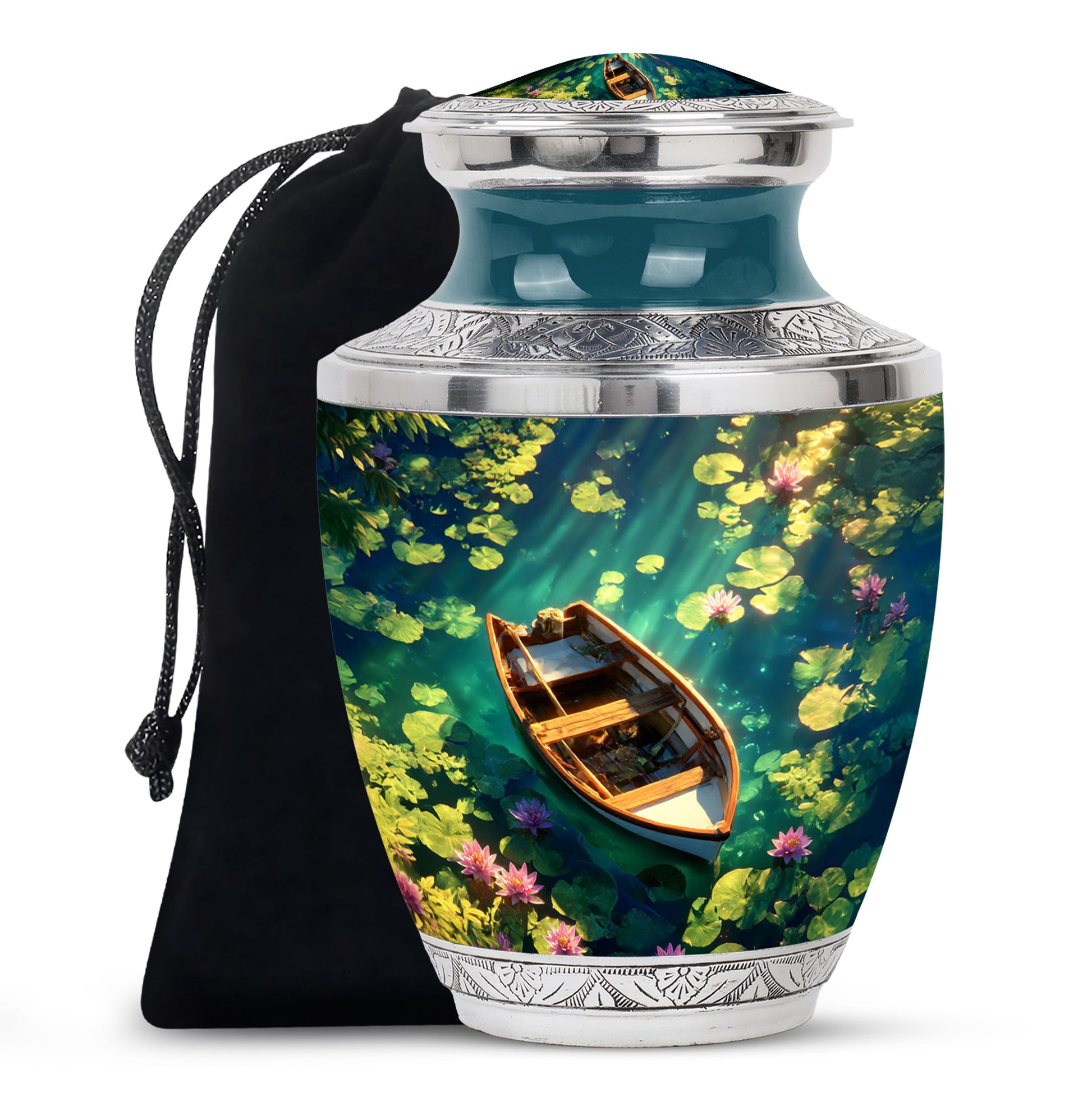 Serene Blue Boat Cremation Urn side profile showing urn shape - artistic boat interpretation with creative detail - full-size 10 inch 200 cubic inch adult cremation urn