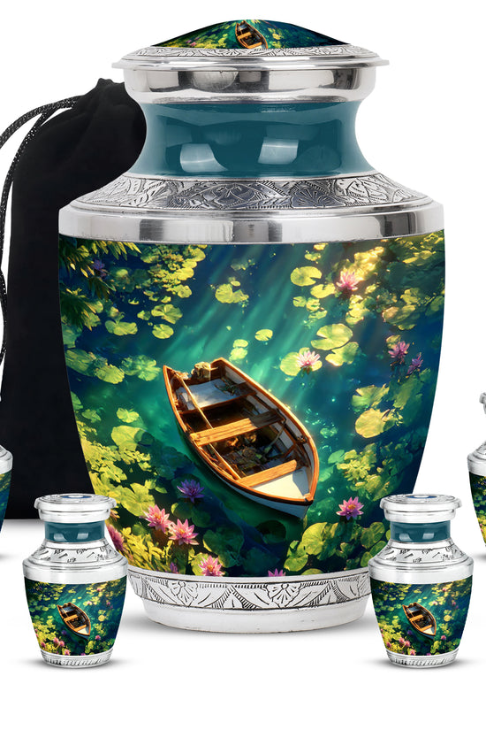 Soft Blue Boat Cremation Urn lifestyle display on memorial shelf - stylized abstract boat pattern with bold lines - memorial set with one large and four small urns