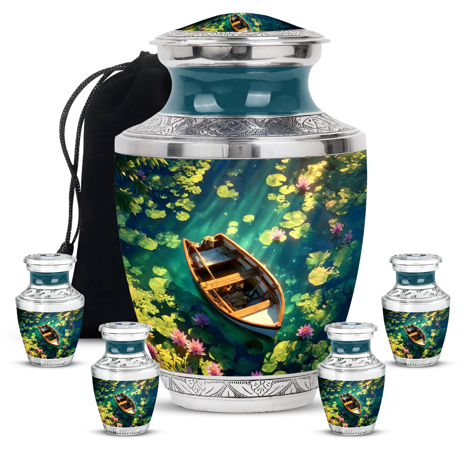 Soft Blue Boat Cremation Urn lifestyle display on memorial shelf - stylized abstract boat pattern with bold lines - memorial set with one large and four small urns